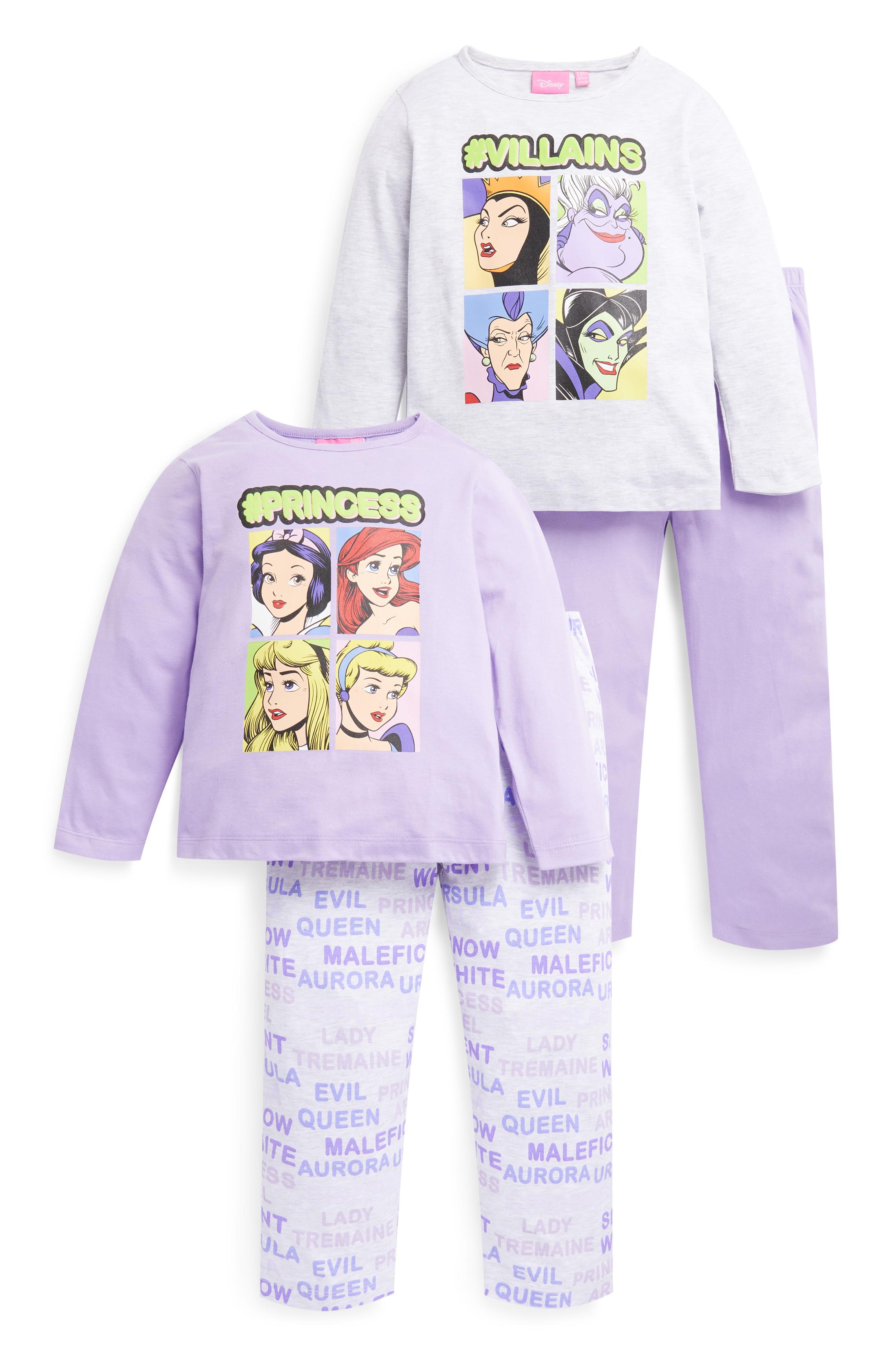 BNWT Primark Girls Disney Princess Villain Lilac Grey Long Sleeve 2 Pack Pyjamas